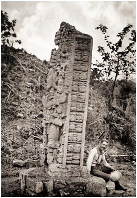 Early photograph by Alfred Maudslay of a stela at Copán.