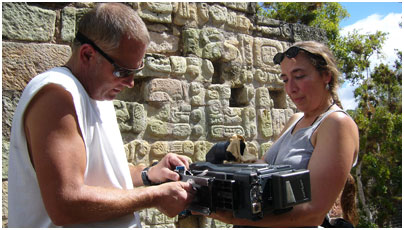 Cinematographers Steven Kline and Amy Halpern adjust the Panasonic SDX900 camera at Copán.